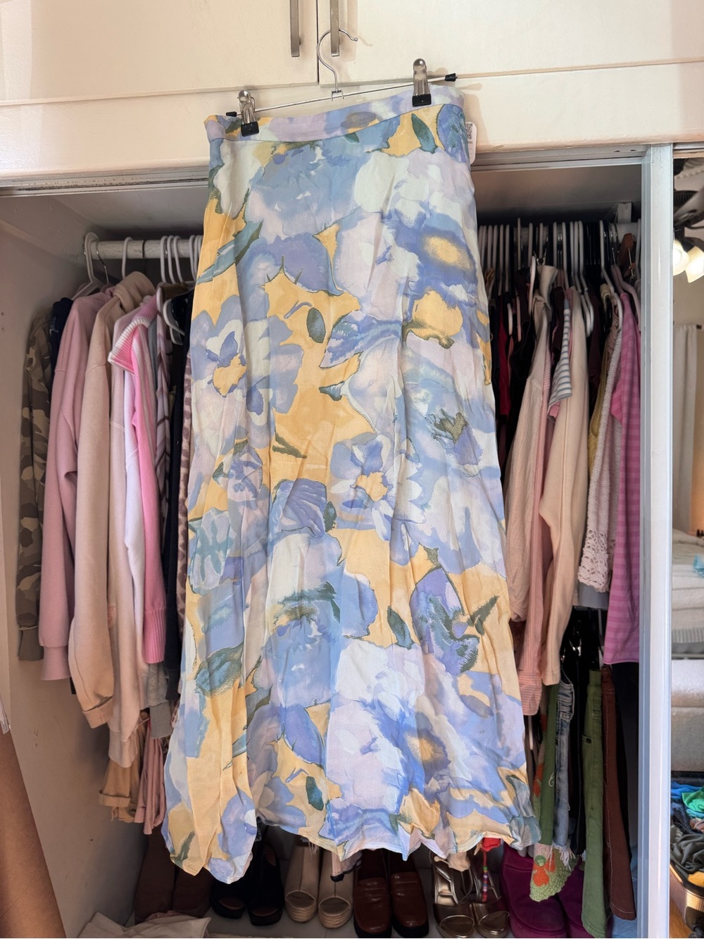 Vintage Pastel Floral Maxi Skirt in Blue & Yellow